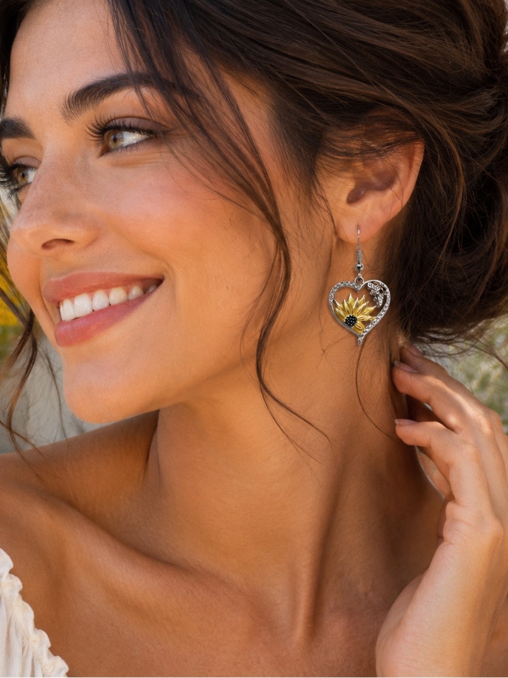 Sunflower & Bee Heart Dangle Earrings - Silver & Gold Tone